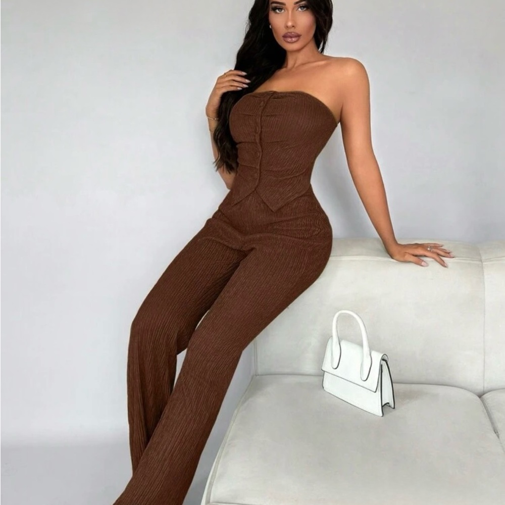Elegant Brown Strapless Jumpsuit